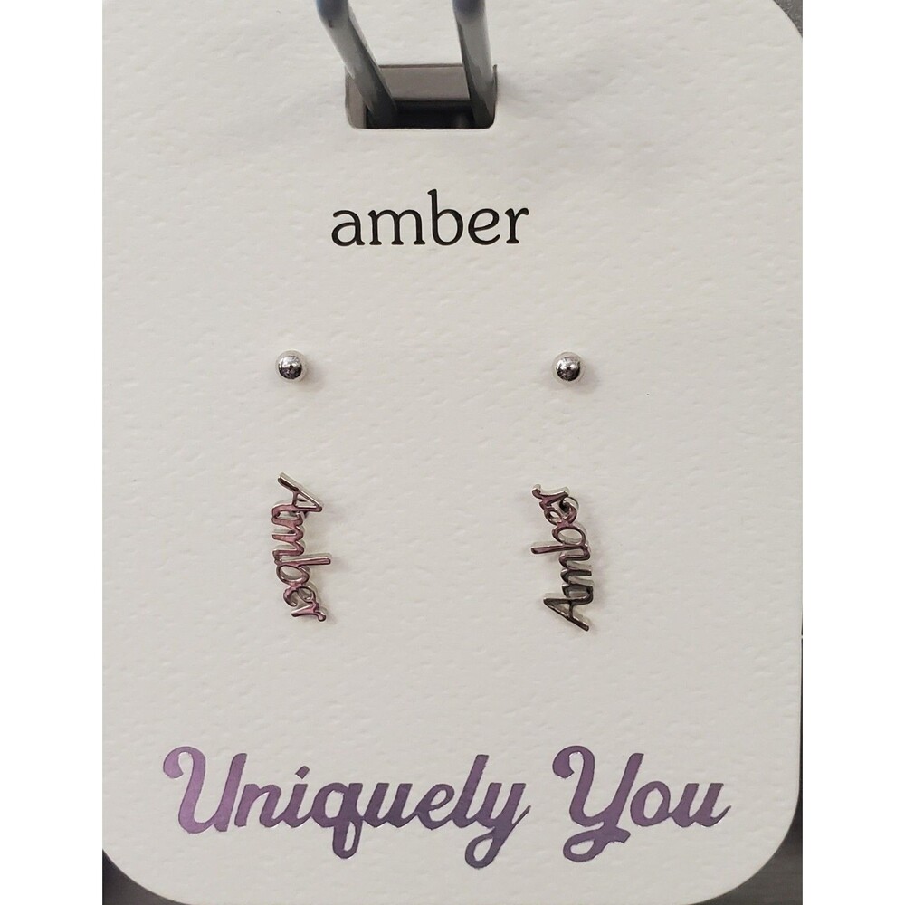 NEW 'AMBER' Personalized Name Earrings + 1 Pair Studs Silver Tone Uniquely You